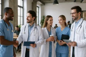 Grupo de profissionais da saúde conversando e interagindo em um coworking moderno, com médicos e enfermeiros sorrindo, trocando ideias e fortalecendo networking em um ambiente colaborativo.