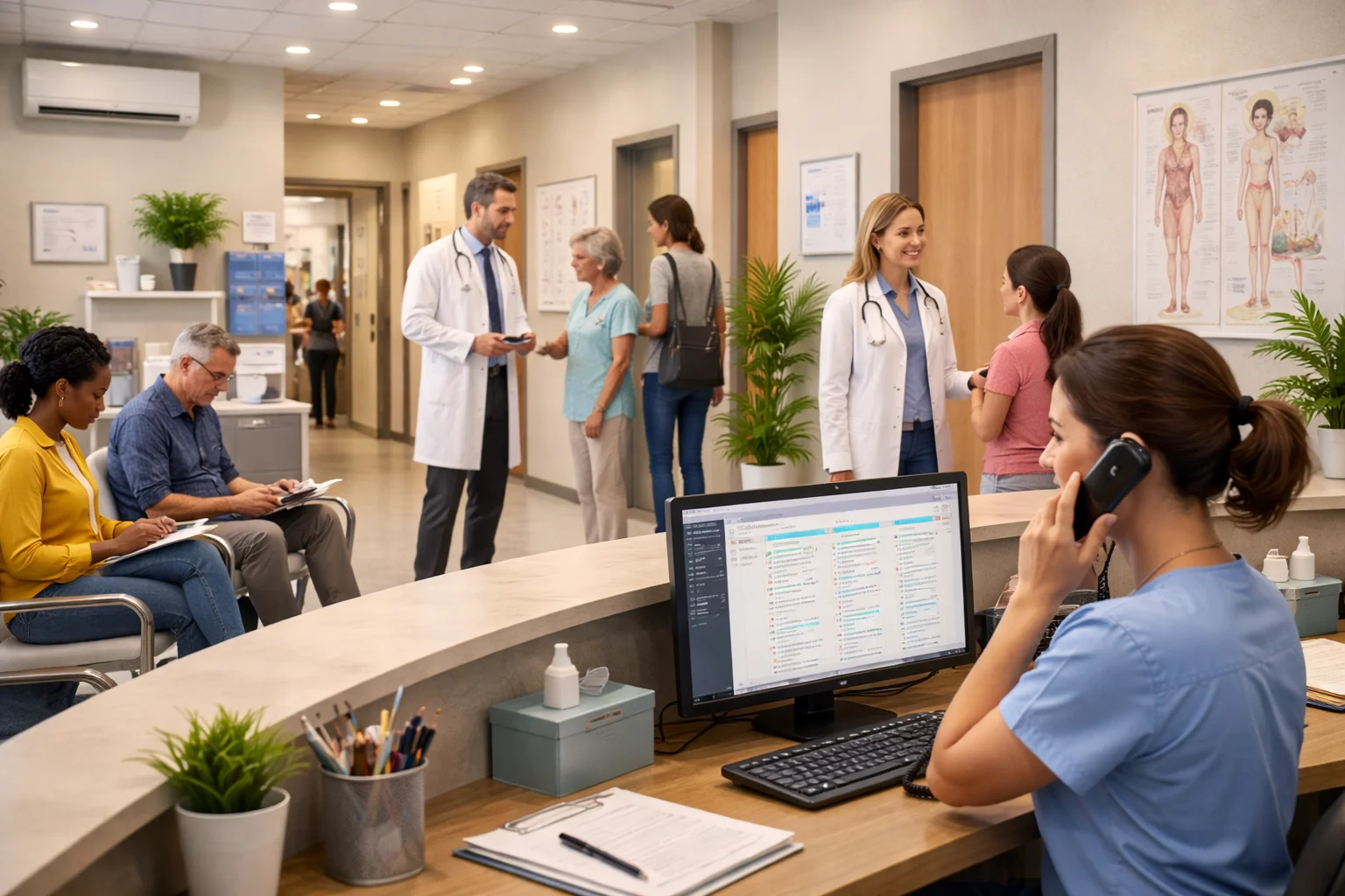 Recepção de consultório médico movimentada, com profissionais de saúde e pacientes, representando alta ocupação no aluguel de salas para consultório médico.