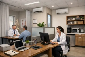 Consultório médico compartilhado com profissionais atendendo e trabalhando em ambiente moderno, representando estratégias para reduzir custos no aluguel de sala para consultório médico.