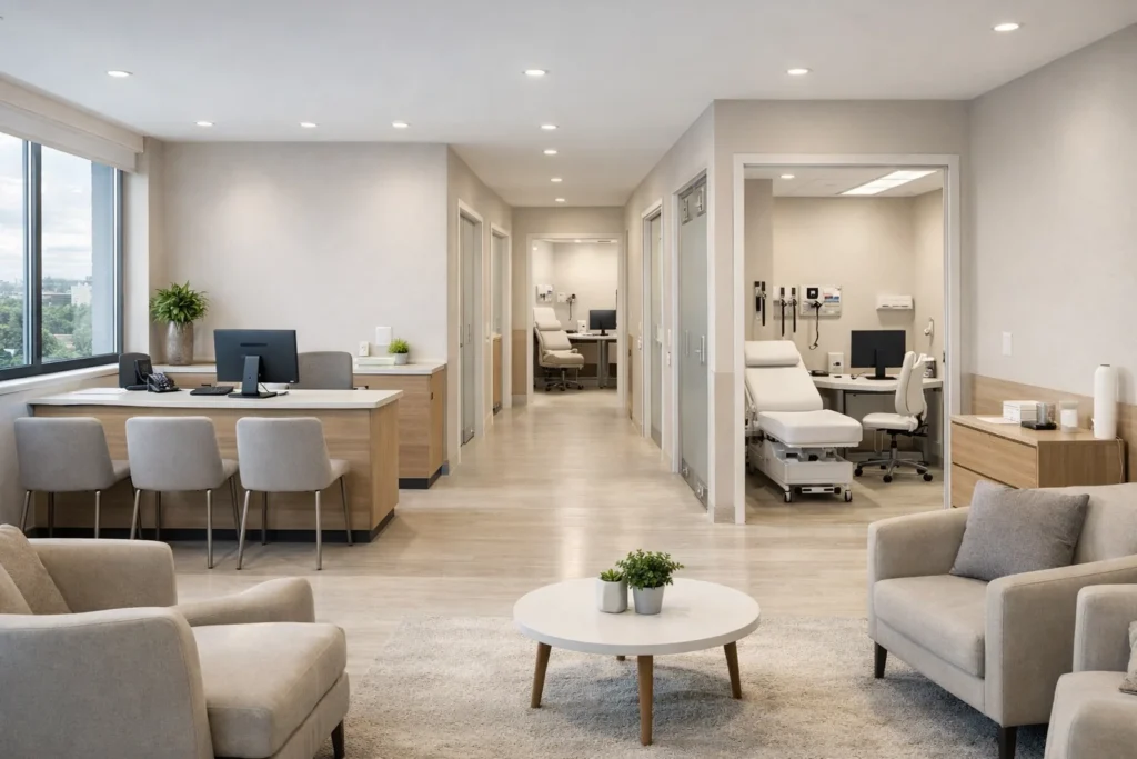 Consultório médico compartilhado com salas equipadas, recepção moderna e ambiente profissional para aluguel de salas em clínica integrada