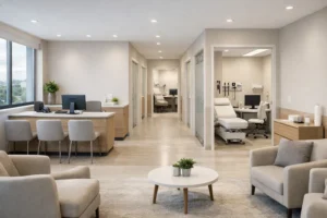 Consultório médico compartilhado com salas equipadas, recepção moderna e ambiente profissional para aluguel de salas em clínica integrada