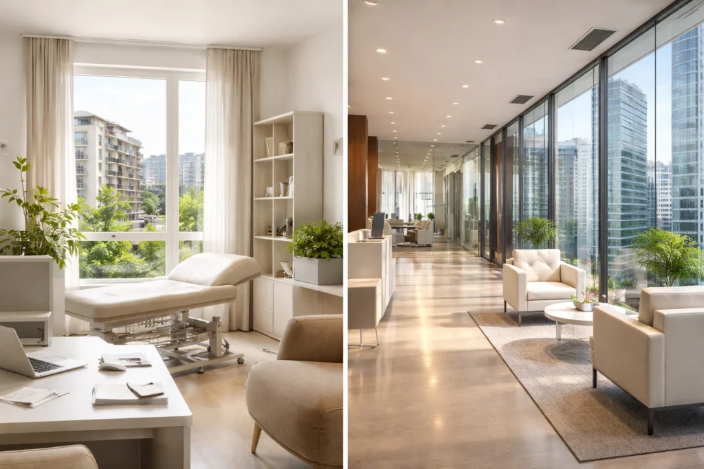 Comparação entre sala de consultório em prédio residencial e consultório em prédio comercial, mostrando ambientes profissionais com diferentes estruturas e layouts.