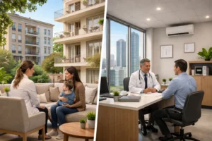 Comparação entre consultório médico em prédio residencial e consultório em prédio comercial, mostrando diferenças de ambiente, estrutura e perfil de atendimento.