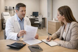 Profissional da saúde negociando contrato de aluguel de sala para consultório em ambiente clínico estruturado e profissional