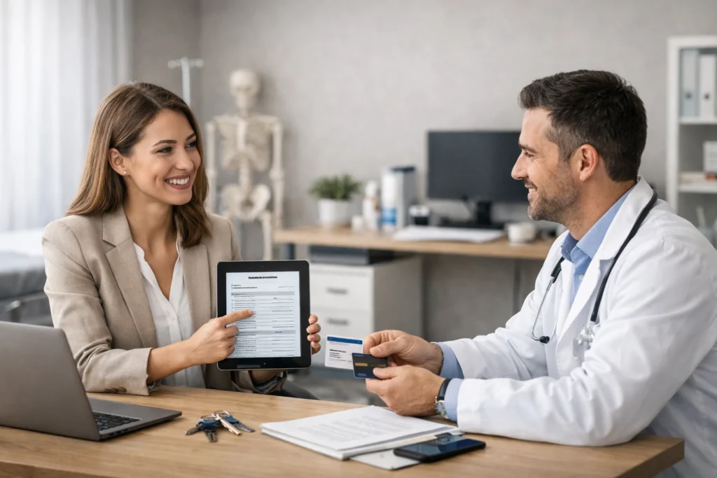 Médico assinando contrato para aluguel de sala de consultório médico sem fiador, em ambiente moderno e profissional, com atendimento simplificado e sem burocracia.