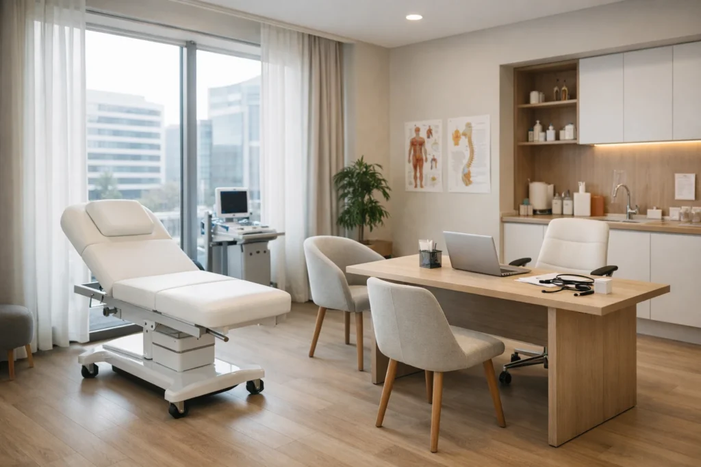 Sala de consultório médico moderna para aluguel, com mobiliário completo, maca, mesa de atendimento e ambiente profissional iluminado, representando modelo flexível na saúde.