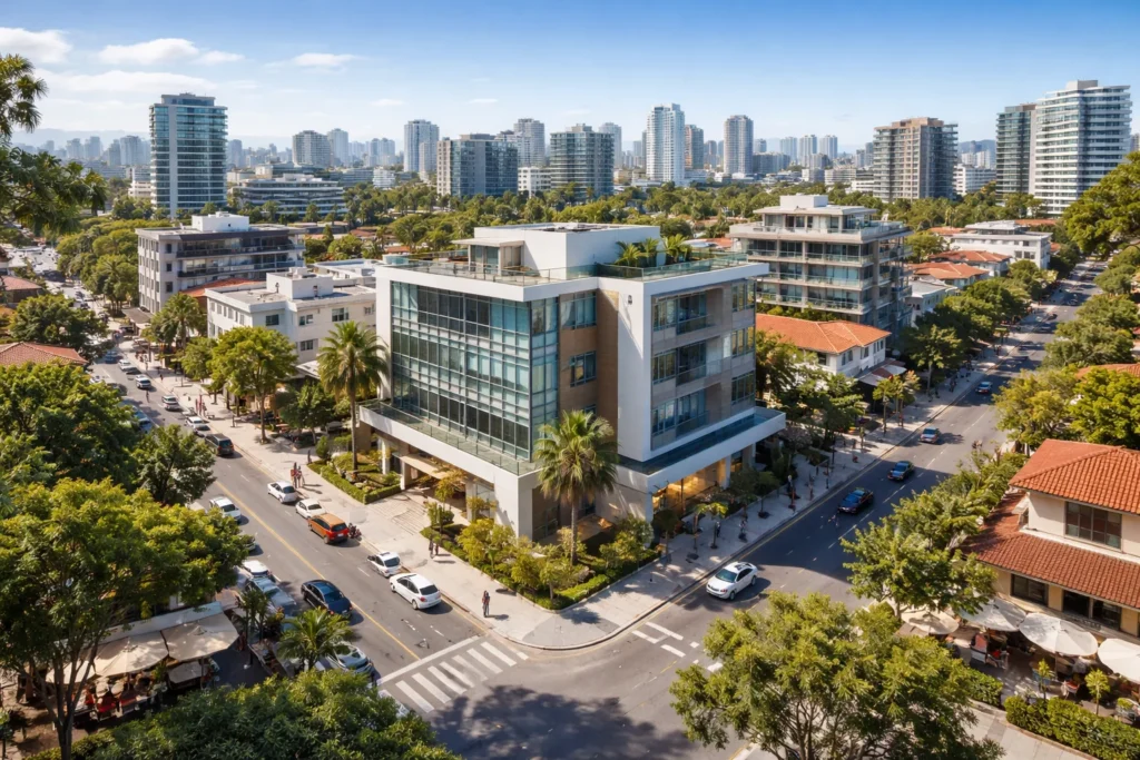 **Texto alternativo (alt text):** Vista aérea de bairro urbano estruturado com prédio comercial moderno, ruas arborizadas e boa mobilidade, ideal para instalação de consultório médico.