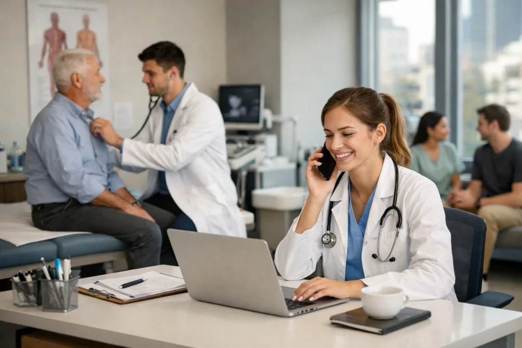 Médica recém-formada atendendo em consultório moderno alugado, com estrutura completa e paciente em atendimento ao fundo, representando os benefícios do aluguel de sala médica para início de carreira.