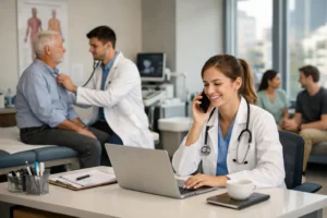 Médica recém-formada atendendo em consultório moderno alugado, com estrutura completa e paciente em atendimento ao fundo, representando os benefícios do aluguel de sala médica para início de carreira.