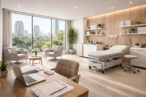 Consultório médico moderno e bem iluminado, com mesa de trabalho, área de atendimento e equipamentos clínicos, representando o aluguel de consultório por período e seus benefícios fiscais.