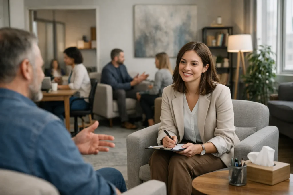Psicóloga realizando atendimento em consultório alugado, em ambiente profissional compartilhado e acolhedor, ideal para início da carreira na psicologia.