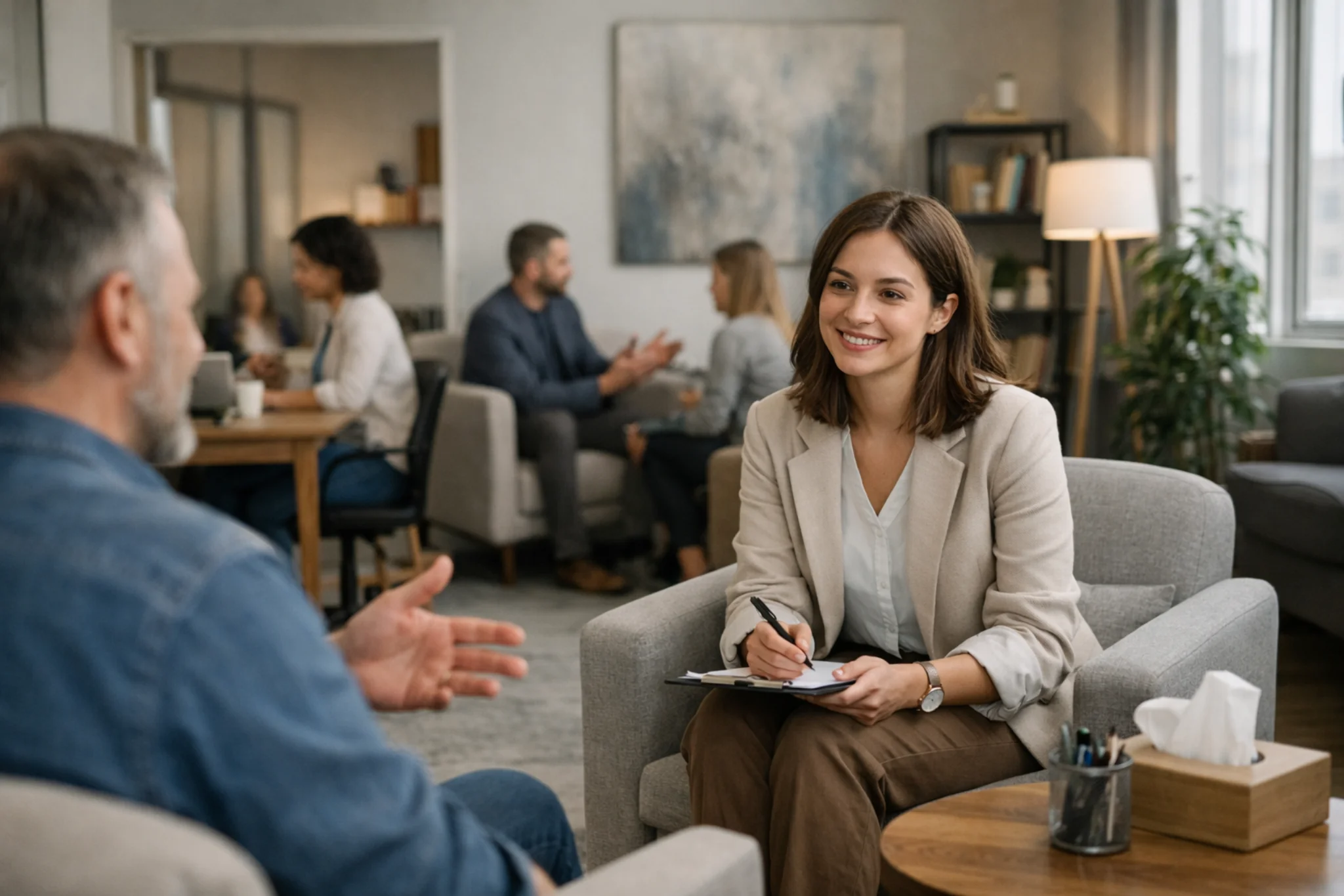 Psicóloga realizando atendimento em consultório alugado, em ambiente profissional compartilhado e acolhedor, ideal para início da carreira na psicologia.