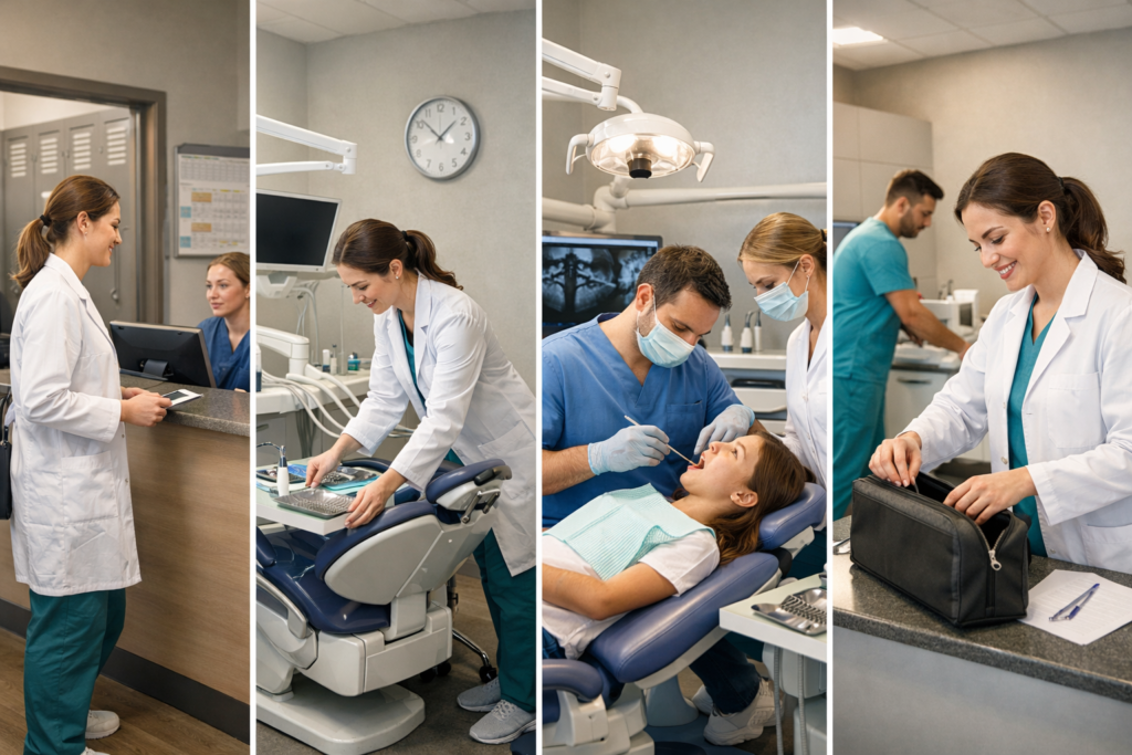 Dentista utilizando consultório odontológico alugado por período, realizando atendimento em clínica equipada e compartilhada com estrutura profissional.