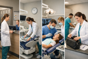 Dentista utilizando consultório odontológico alugado por período, realizando atendimento em clínica equipada e compartilhada com estrutura profissional.