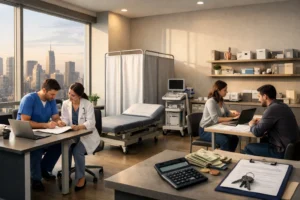 Consultório médico moderno em grande cidade com profissionais analisando contratos e custos operacionais para otimizar aluguel de sala médica