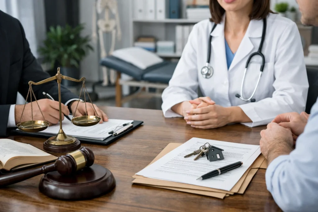 Cuidados legais na sublocação de consultório médico compartilhado com análise de contrato entre médico e advogado em ambiente clínico.