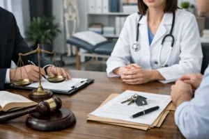 Cuidados legais na sublocação de consultório médico compartilhado com análise de contrato entre médico e advogado em ambiente clínico.