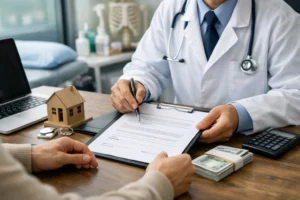 Médico analisando contrato de sublocação de consultório em mesa de escritório, com documentos, calculadora e maquete de imóvel ao lado, em ambiente clínico profissional.