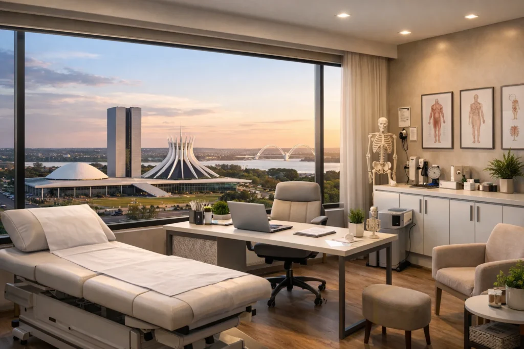 Consultório médico moderno em Brasília com vista para pontos turísticos, ambiente profissional ideal para atrair pacientes e fortalecer a carreira médica.