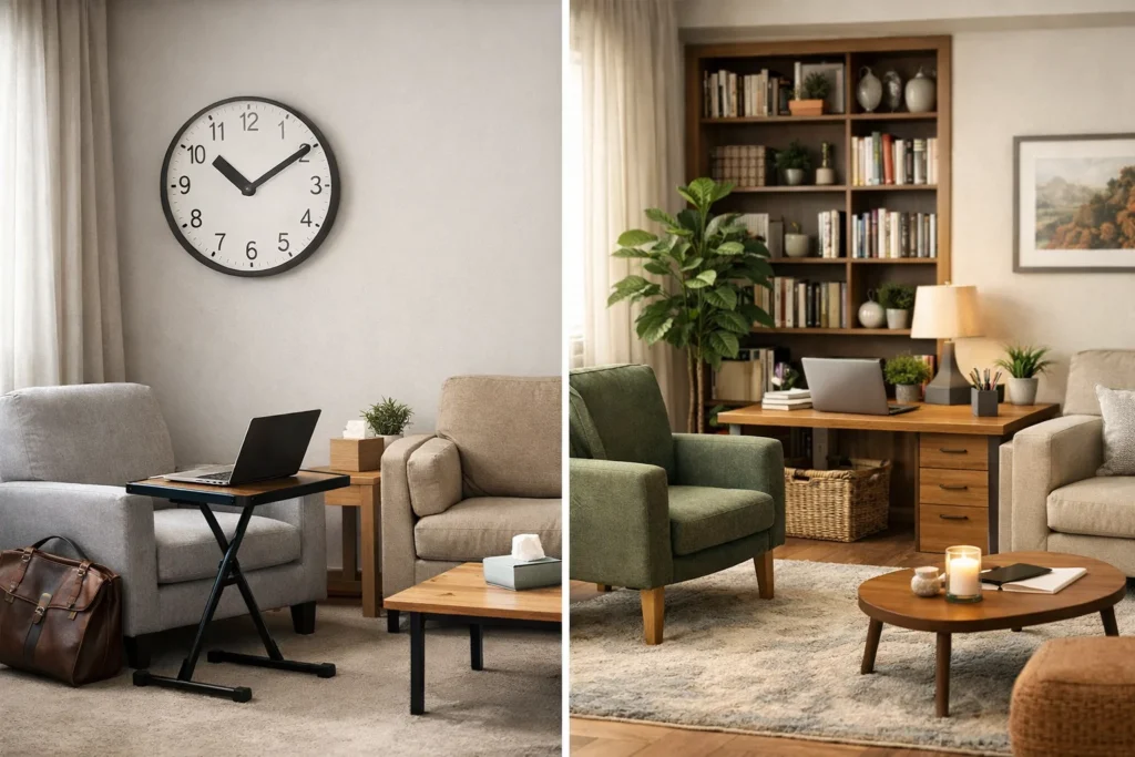 Diferença entre consultório de psicologia alugado por hora com estrutura simples e consultório mensal personalizado e completo